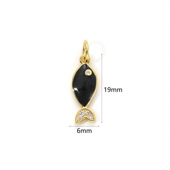 Imagen de 1 Unidad Respetuoso del Medio Ambiente Latón Joyería del océano Colgantes 18K Oro Real Chapado Negro Esmalte Pez Perlado Claro Circón Artificial 19mm x 6mm