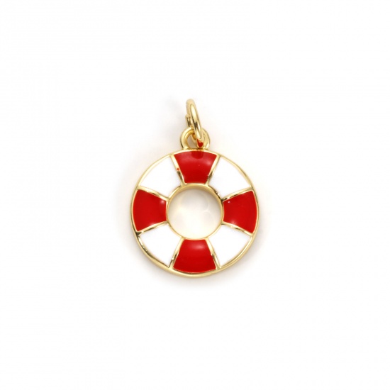 Bild von 2 Stück Umweltfreundlich Messing Charms 18K Echtgold plattiert Weiß & Rot Emaille Rettungsring 19mm x 13mm