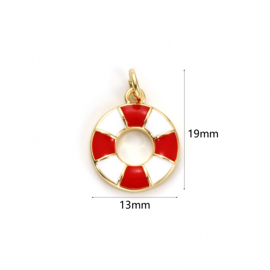 Bild von 2 Stück Umweltfreundlich Messing Charms 18K Echtgold plattiert Weiß & Rot Emaille Rettungsring 19mm x 13mm