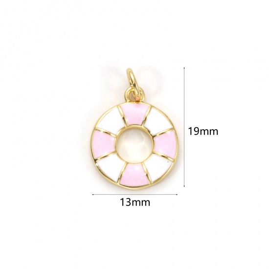Bild von 2 Stück Umweltfreundlich Messing Charms 18K Echtgold plattiert Weiß & Rosa Emaille Rettungsring 19mm x 13mm
