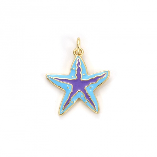 Bild von 2 Stück Umweltfreundlich Messing Ozean Schmuck Charms 18K Echtgold plattiert Violett & Blau Emaille Seesterne 23mm x 18mm