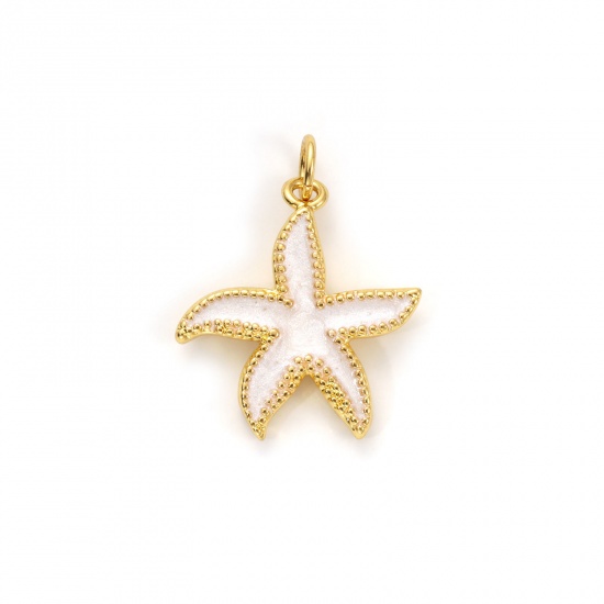 Bild von 2 Stück Umweltfreundlich Messing Ozean Schmuck Charms 18K Echtgold plattiert Weiß Emaille Seesterne Perlmuttartig 24mm x 19mm