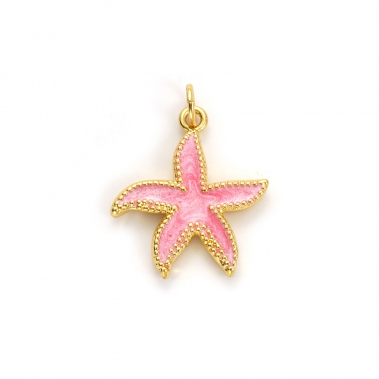 Bild von 2 Stück Umweltfreundlich Messing Ozean Schmuck Charms 18K Echtgold plattiert Rosa Emaille Seesterne Perlmuttartig 24mm x 19mm