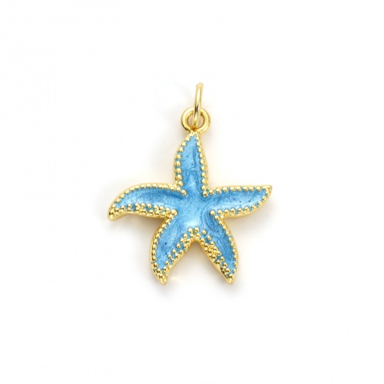 Bild von 2 Stück Umweltfreundlich Messing Ozean Schmuck Charms 18K Echtgold plattiert Blau Emaille Seesterne Perlmuttartig 24mm x 19mm