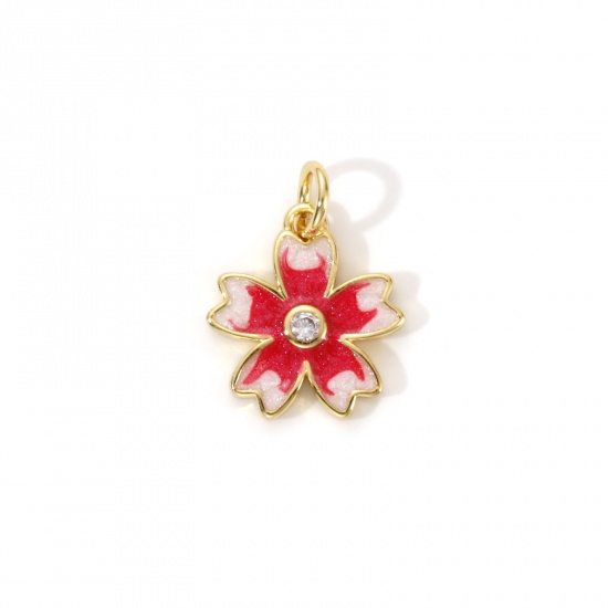 Bild von 2 Stück Umweltfreundlich Messing Charms 18K Echtgold plattiert Rot Emaille Japanische Kirschblüte Perlmuttartig 17mm x 13mm