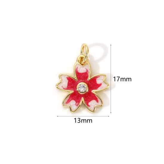 Bild von 2 Stück Umweltfreundlich Messing Charms 18K Echtgold plattiert Rot Emaille Japanische Kirschblüte Perlmuttartig 17mm x 13mm