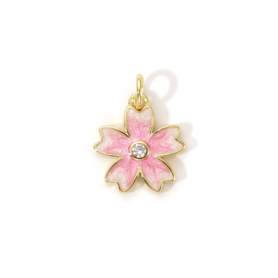 Bild von 2 Stück Umweltfreundlich Messing Charms 18K Echtgold plattiert Rosa Emaille Japanische Kirschblüte Perlmuttartig 17mm x 13mm
