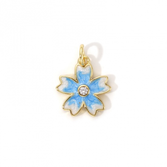 Bild von 2 Stück Umweltfreundlich Messing Charms 18K Echtgold plattiert Blau Emaille Japanische Kirschblüte Perlmuttartig 17mm x 13mm