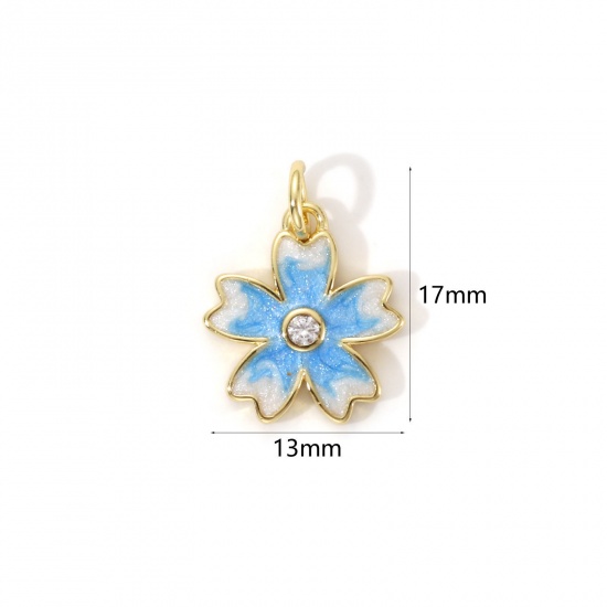 Bild von 2 Stück Umweltfreundlich Messing Charms 18K Echtgold plattiert Blau Emaille Japanische Kirschblüte Perlmuttartig 17mm x 13mm