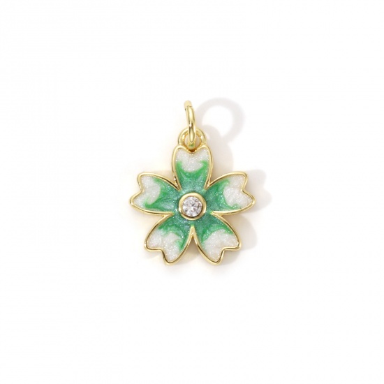 Bild von 2 Stück Umweltfreundlich Messing Charms 18K Echtgold plattiert Grün Emaille Japanische Kirschblüte Perlmuttartig 17mm x 13mm