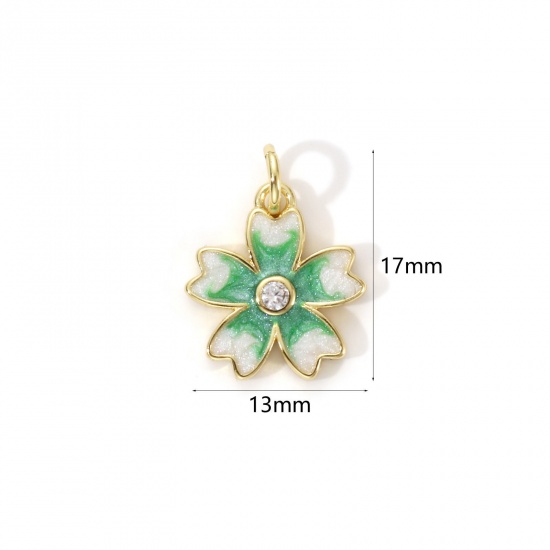 Bild von 2 Stück Umweltfreundlich Messing Charms 18K Echtgold plattiert Grün Emaille Japanische Kirschblüte Perlmuttartig 17mm x 13mm
