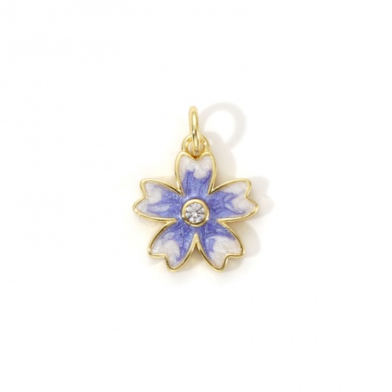 Bild von 2 Stück Umweltfreundlich Messing Charms 18K Echtgold plattiert Lila Emaille Japanische Kirschblüte Perlmuttartig 17mm x 13mm