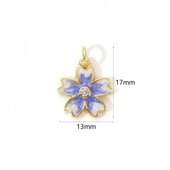 Bild von 2 Stück Umweltfreundlich Messing Charms 18K Echtgold plattiert Lila Emaille Japanische Kirschblüte Perlmuttartig 17mm x 13mm
