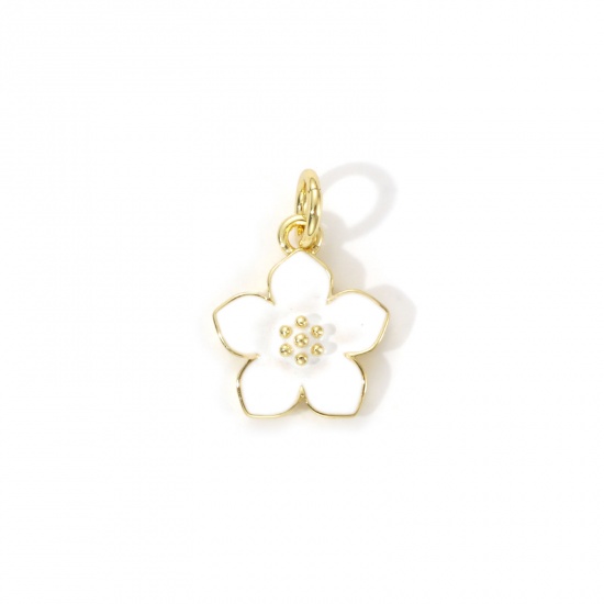 Bild von 2 Stück Umweltfreundlich Messing Charms 18K Echtgold plattiert Weiß Emaille Blumen 16mm x 11mm