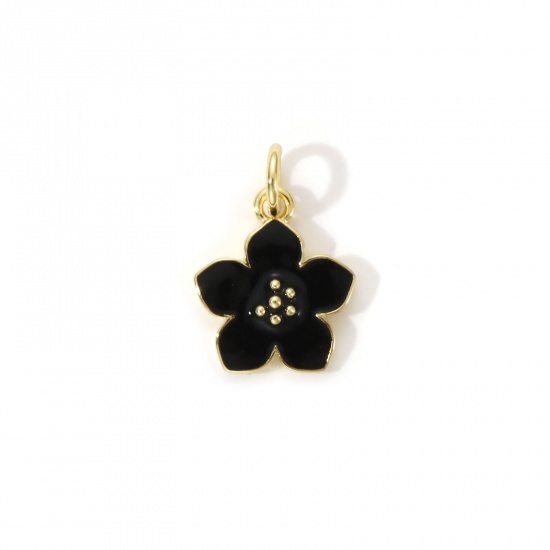 Bild von 2 Stück Umweltfreundlich Messing Charms 18K Echtgold plattiert Schwarz Emaille Blumen 16mm x 11mm