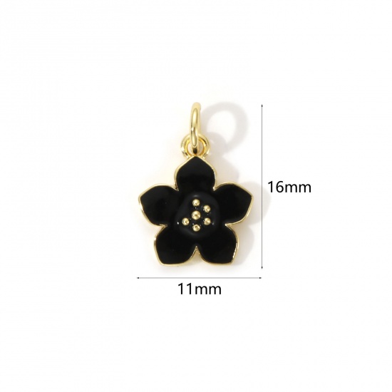 Bild von 2 Stück Umweltfreundlich Messing Charms 18K Echtgold plattiert Schwarz Emaille Blumen 16mm x 11mm