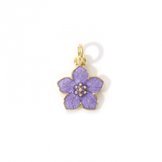 Bild von 2 Stück Umweltfreundlich Messing Charms 18K Echtgold plattiert Lila Emaille Blumen 16mm x 11mm