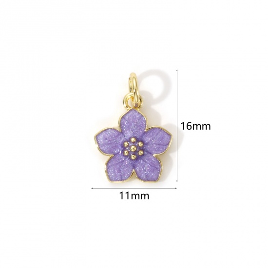 Bild von 2 Stück Umweltfreundlich Messing Charms 18K Echtgold plattiert Lila Emaille Blumen 16mm x 11mm