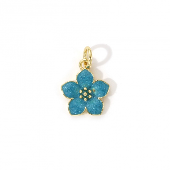 Bild von 2 Stück Umweltfreundlich Messing Charms 18K Echtgold plattiert Cyan Emaille Blumen 16mm x 11mm