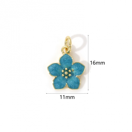 Bild von 2 Stück Umweltfreundlich Messing Charms 18K Echtgold plattiert Cyan Emaille Blumen 16mm x 11mm