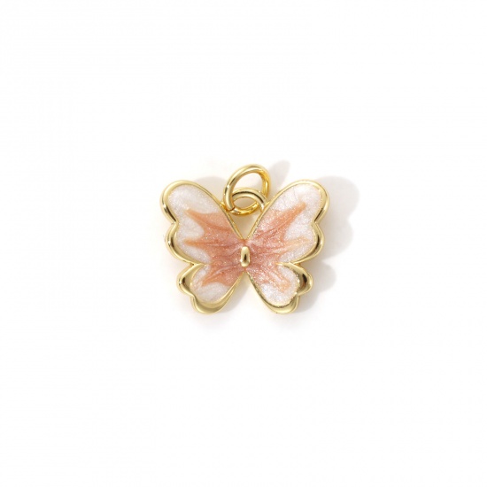Bild von 2 Stück Umweltfreundlich Messing Insekt Charms 18K Echtgold plattiert helle Beige Emaille Schmetterling Perlmuttartig 15mm x 15mm