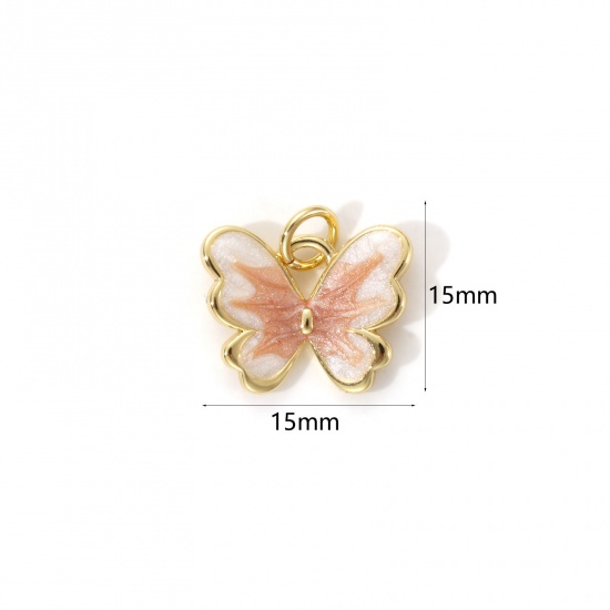 Bild von 2 Stück Umweltfreundlich Messing Insekt Charms 18K Echtgold plattiert helle Beige Emaille Schmetterling Perlmuttartig 15mm x 15mm