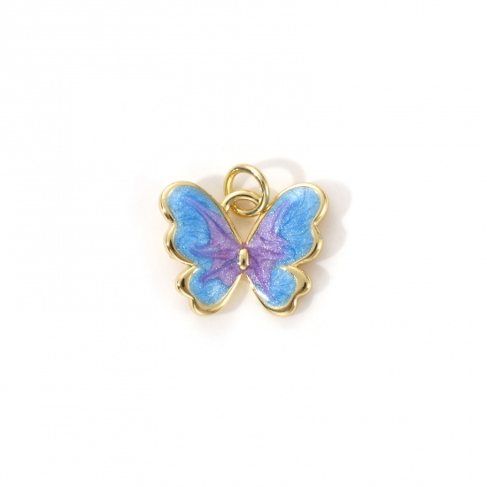 Bild von 2 Stück Umweltfreundlich Messing Insekt Charms 18K Echtgold plattiert Blau Emaille Schmetterling Perlmuttartig 15mm x 15mm