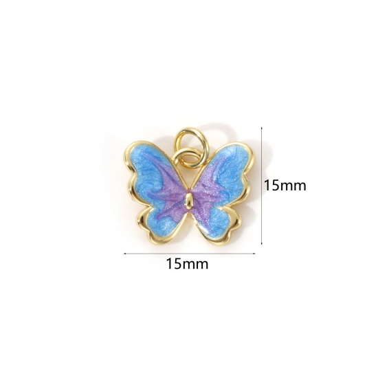 Bild von 2 Stück Umweltfreundlich Messing Insekt Charms 18K Echtgold plattiert Blau Emaille Schmetterling Perlmuttartig 15mm x 15mm