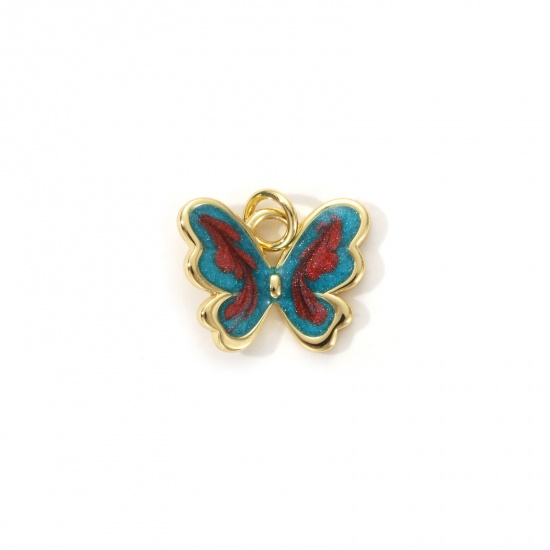Bild von 2 Stück Umweltfreundlich Messing Insekt Charms 18K Echtgold plattiert Grün Emaille Schmetterling Perlmuttartig 15mm x 15mm
