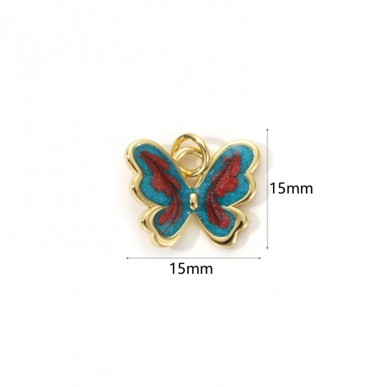 Bild von 2 Stück Umweltfreundlich Messing Insekt Charms 18K Echtgold plattiert Grün Emaille Schmetterling Perlmuttartig 15mm x 15mm