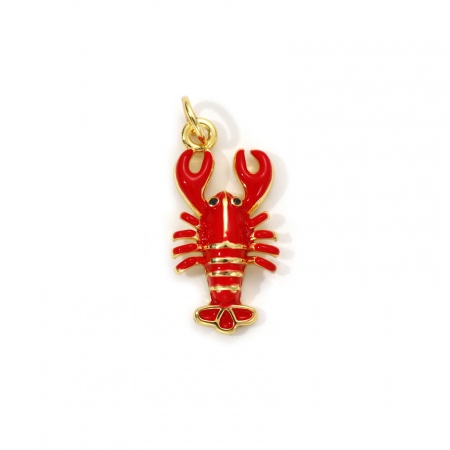 1 Pièce Breloques Bijoux d'Océan Respectueux de la Nature en Laiton Plaqué Or Véritable 18K Rouge Émail Homard 3D 24mm x 10mm