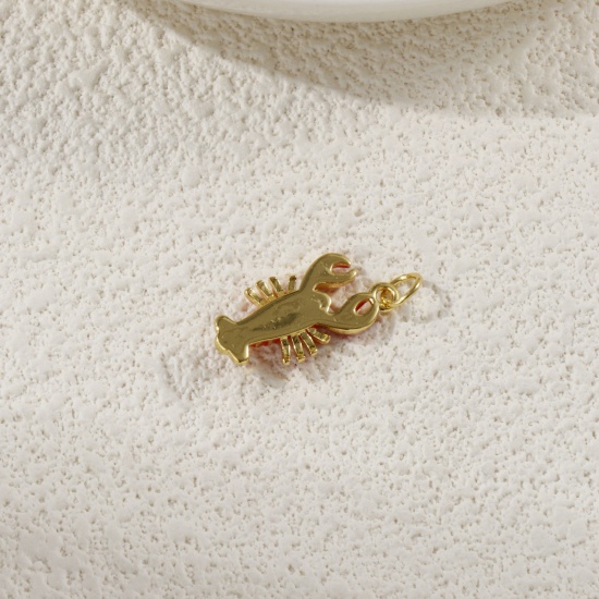 Image de 1 Pièce Breloques Bijoux d'Océan Respectueux de la Nature en Laiton Plaqué Or Véritable 18K Rouge Émail Homard 3D 24mm x 10mm