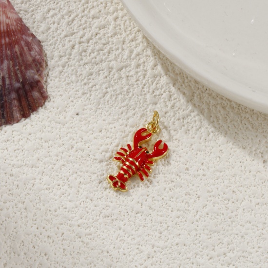 Image de 1 Pièce Breloques Bijoux d'Océan Respectueux de la Nature en Laiton Plaqué Or Véritable 18K Rouge Émail Homard 3D 24mm x 10mm