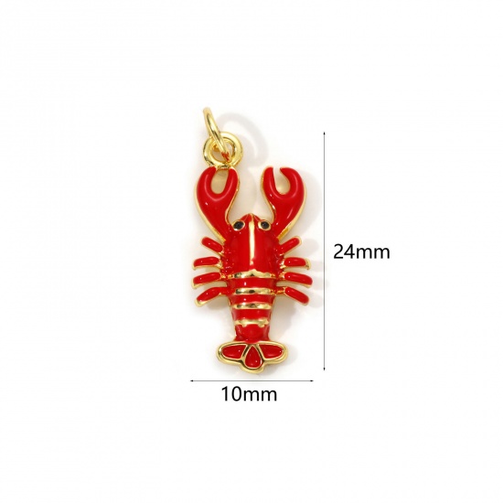 Image de 1 Pièce Breloques Bijoux d'Océan Respectueux de la Nature en Laiton Plaqué Or Véritable 18K Rouge Émail Homard 3D 24mm x 10mm