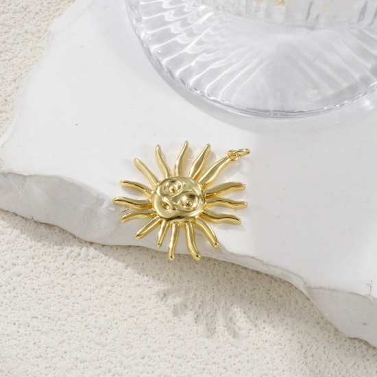 Picture of 1 Piece Eco-friendly Brass Galaxy Pendants 18K Real Gold Plated Sun Smile 3.6cm x 3cm