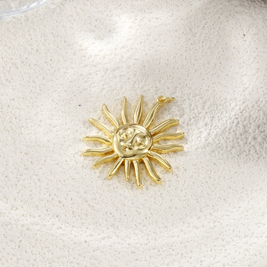 Picture of 1 Piece Eco-friendly Brass Galaxy Pendants 18K Real Gold Plated Sun Smile 3.6cm x 3cm