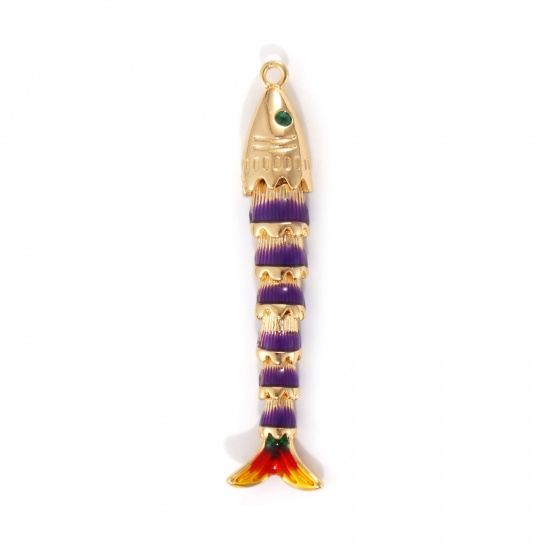 Picture of 1 Piece Eco-friendly Brass Ocean Jewelry Pendants 18K Real Gold Plated Purple Fish Animal Movable Green Cubic Zirconia Enamel 3D 47mm x 8mm