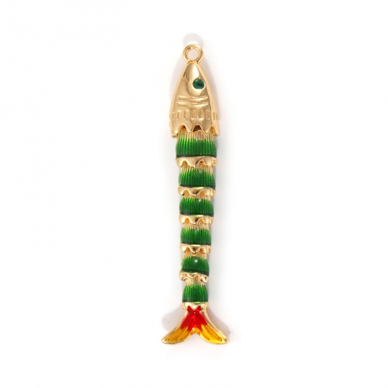 Picture of 1 Piece Eco-friendly Brass Ocean Jewelry Pendants 18K Real Gold Plated Green Fish Animal Movable Green Cubic Zirconia Enamel 3D 47mm x 8mm
