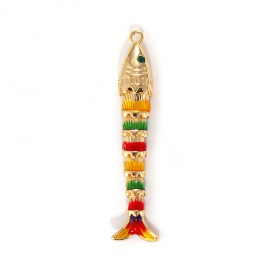 Picture of 1 Piece Eco-friendly Brass Ocean Jewelry Pendants 18K Real Gold Plated Multicolor Fish Animal Movable Green Cubic Zirconia Enamel 3D 47mm x 8mm
