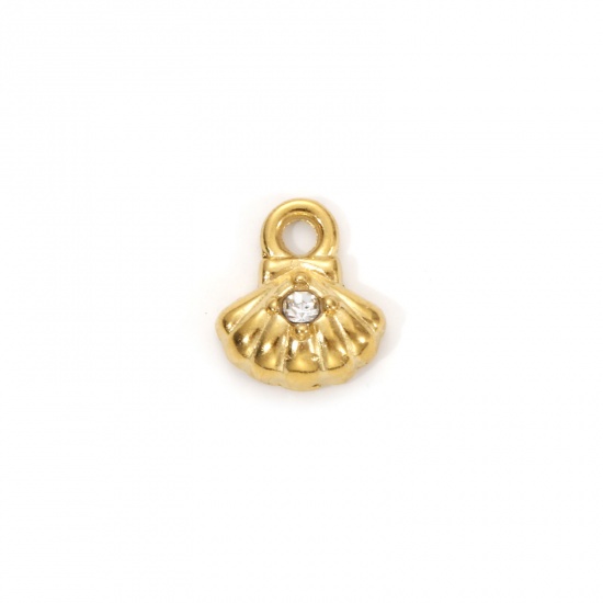Picture of 1 Piece Eco-friendly PVD Vacuum Plating 304 Stainless Steel Ocean Jewelry Charms 18K Real Gold Plated Shell Micro Pave Clear Cubic Zirconia 10mm x 9mm