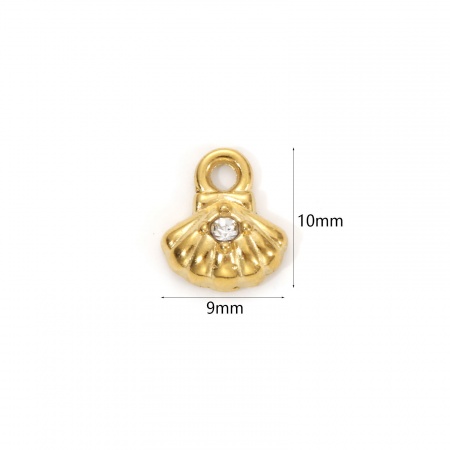 Picture of 1 Piece Eco-friendly PVD Vacuum Plating Waterproof Anti-Tarnish Hypoallergenic 304 Stainless Steel Ocean Jewelry Charms 18K Real Gold Plated Shell Micro Pave Clear Cubic Zirconia 10mm x 9mm