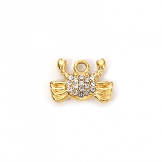 Picture of 1 Piece Eco-friendly PVD Vacuum Plating 304 Stainless Steel Ocean Jewelry Charms 18K Real Gold Plated Crab Animal Micro Pave Clear Cubic Zirconia 12mm x 9mm