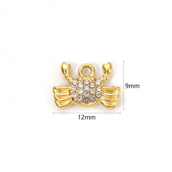 Picture of 1 Piece Eco-friendly PVD Vacuum Plating 304 Stainless Steel Ocean Jewelry Charms 18K Real Gold Plated Crab Animal Micro Pave Clear Cubic Zirconia 12mm x 9mm