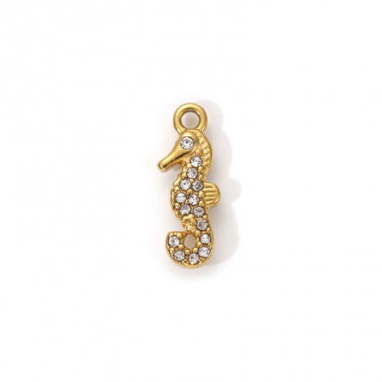 Picture of 1 Piece Eco-friendly PVD Vacuum Plating 304 Stainless Steel Ocean Jewelry Charms 18K Real Gold Plated Seahorse Animal Micro Pave Clear Cubic Zirconia 14mm x 5mm