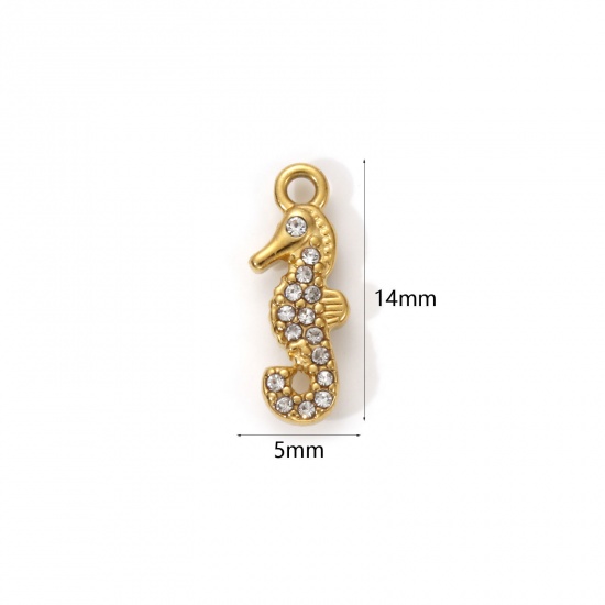 Picture of 1 Piece Eco-friendly PVD Vacuum Plating 304 Stainless Steel Ocean Jewelry Charms 18K Real Gold Plated Seahorse Animal Micro Pave Clear Cubic Zirconia 14mm x 5mm