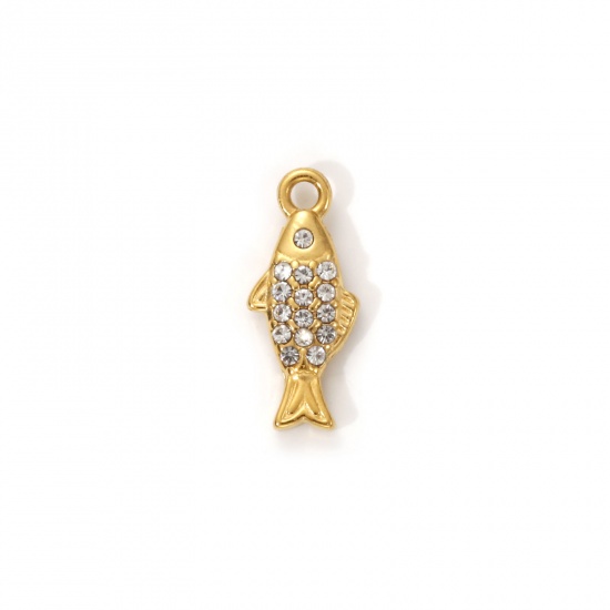 Picture of 1 Piece Eco-friendly PVD Vacuum Plating 304 Stainless Steel Ocean Jewelry Charms 18K Real Gold Plated Fish Animal Micro Pave Clear Cubic Zirconia 14mm x 6mm