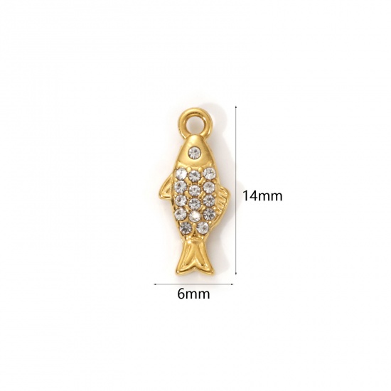 Picture of 1 Piece Eco-friendly PVD Vacuum Plating 304 Stainless Steel Ocean Jewelry Charms 18K Real Gold Plated Fish Animal Micro Pave Clear Cubic Zirconia 14mm x 6mm