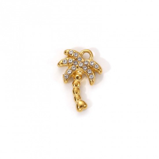 Picture of 1 Piece Eco-friendly PVD Vacuum Plating 304 Stainless Steel Charms 18K Real Gold Plated Coconut Palm Tree Micro Pave Clear Cubic Zirconia 14mm x 9mm