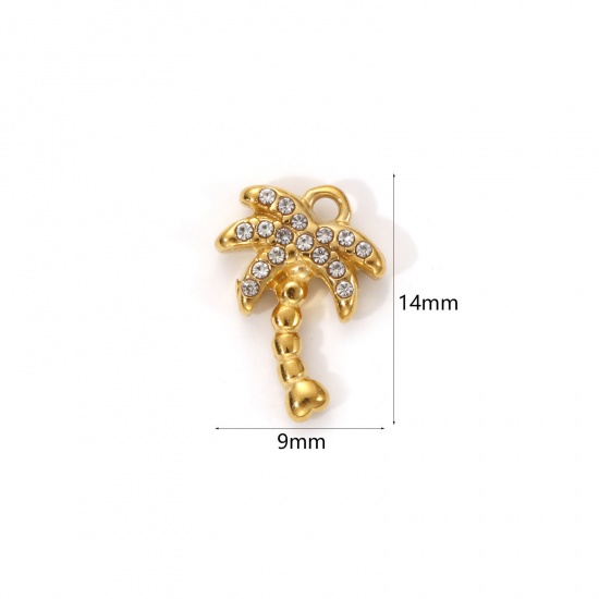 Picture of 1 Piece Eco-friendly PVD Vacuum Plating 304 Stainless Steel Charms 18K Real Gold Plated Coconut Palm Tree Micro Pave Clear Cubic Zirconia 14mm x 9mm