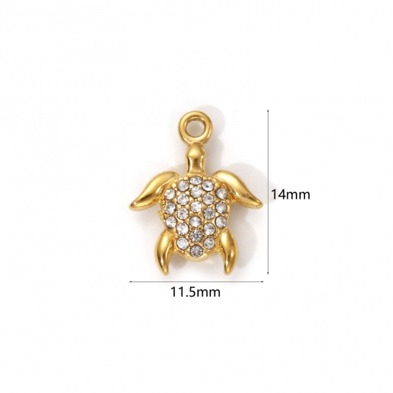 Picture of 1 Piece Eco-friendly PVD Vacuum Plating 304 Stainless Steel Ocean Jewelry Charms 18K Real Gold Plated Tortoise Animal Micro Pave Clear Cubic Zirconia 14mm x 11.5mm